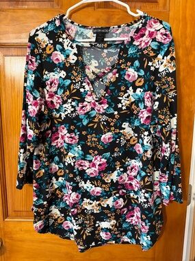 Black Floral V-Neck Blouse with Crisscross Detail